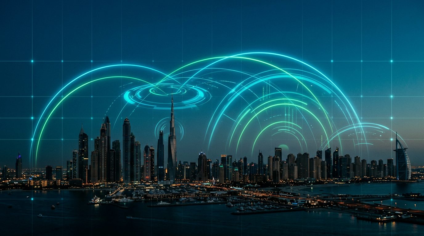 Gulf city skyline with signal waves